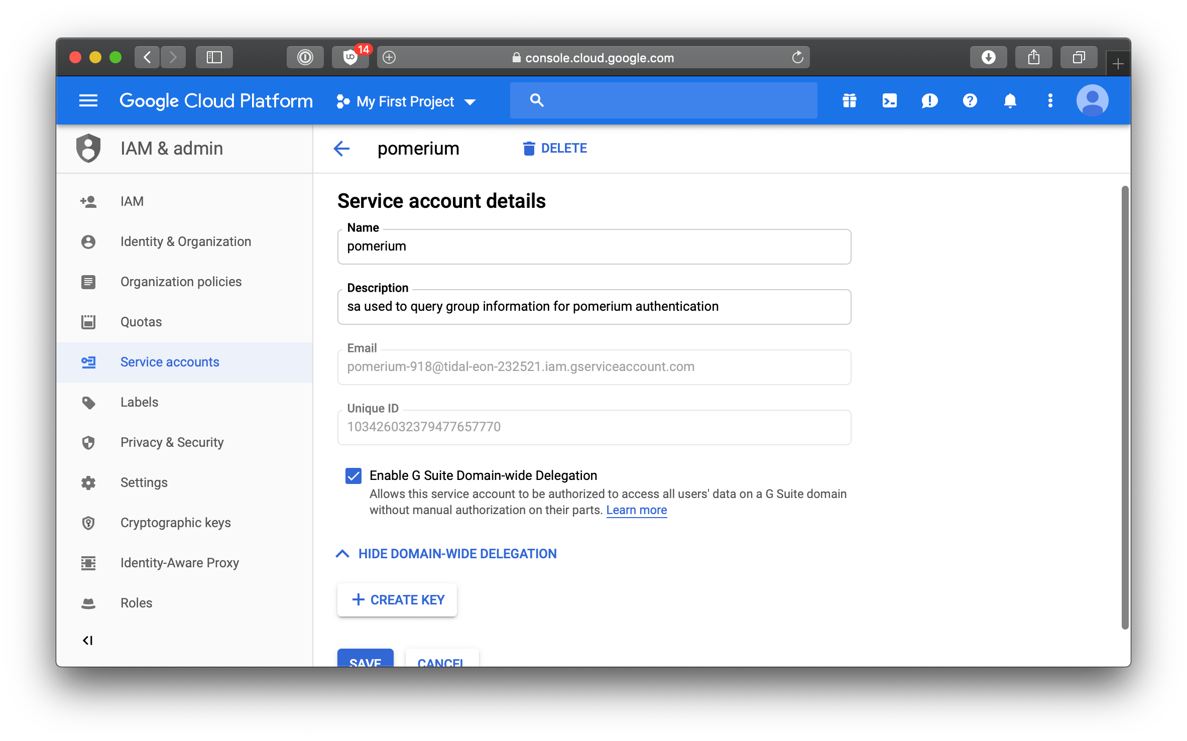 Google create service account